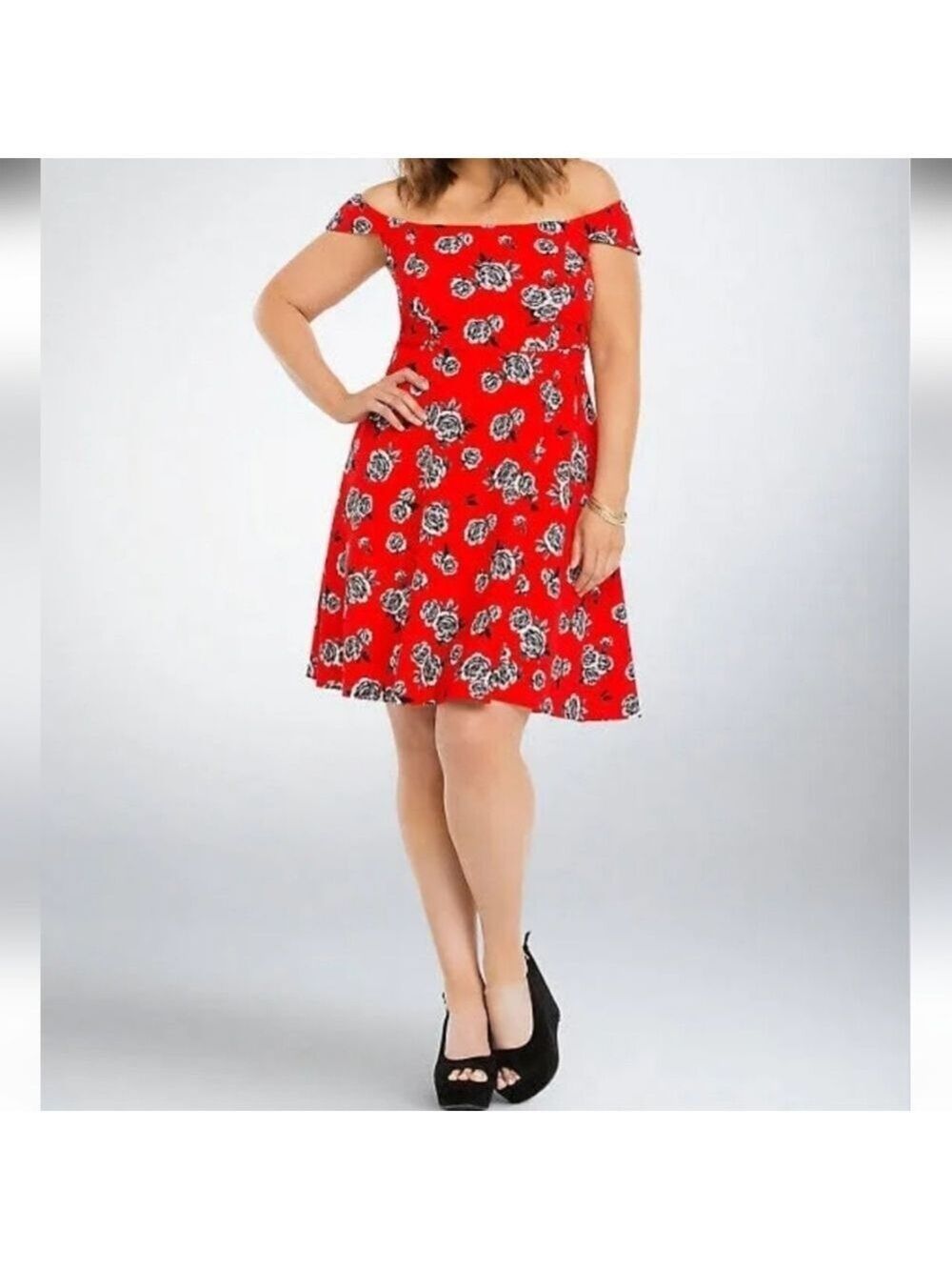 2X • Torrid • Floral Off-Shoulder Red Fit & Flare Dress